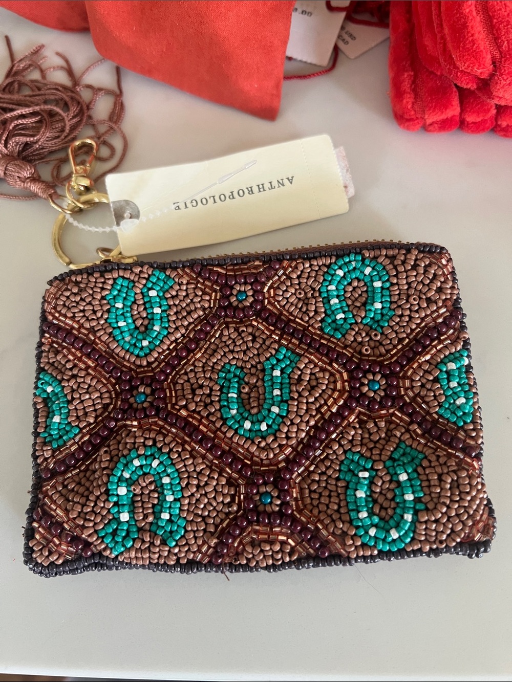 Anthropologie Brown & Teal Beaded  Coin Pouch